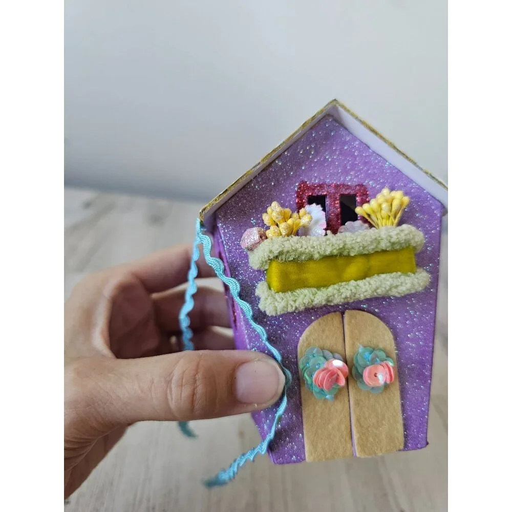 Katherine's collection mini cardboard purple glitter birdhouse village unique sp